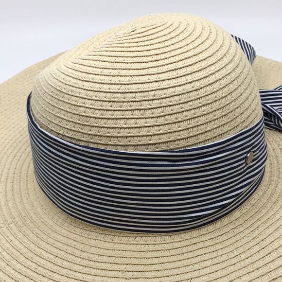 Jones New York floppy straw sun hat with blue and white twilly ribbon OSFA - Picture 14 of 14